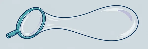 An aqua bubble wand with a large oval loop and short handle sits at the left, joined to a long, lopsided transparent soap bubble stretching across an ice-grey…