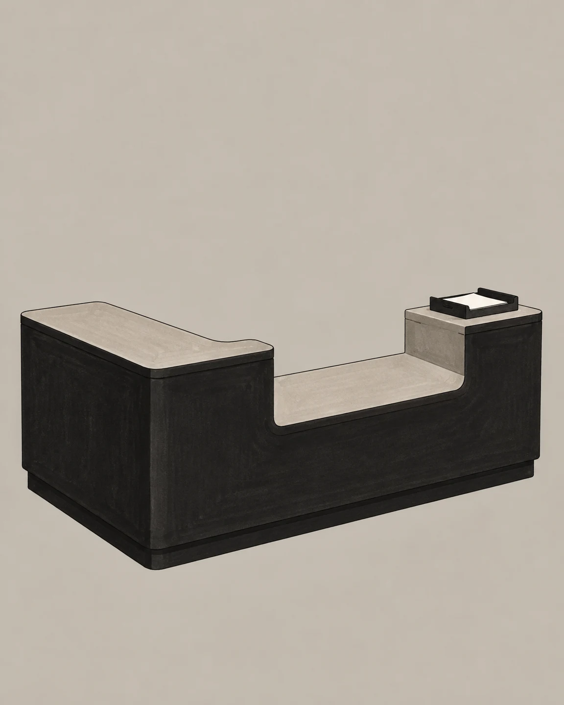 A broad, dark counter with a large warm-gray service opening stands against a plain warm-gray background; a shallow tray holding a blank sheet sits on the…