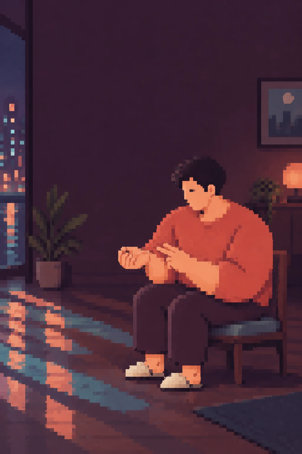 A short-haired person in a coral top sits on a low chair in a dark plum room, holding two fingers against the wrist while looking down.