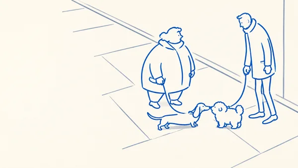 Blue line-art illustration of two coat-wearing dog walkers meeting on a pale pavement, with a long low dog and a small fluffy dog touching noses between them.
