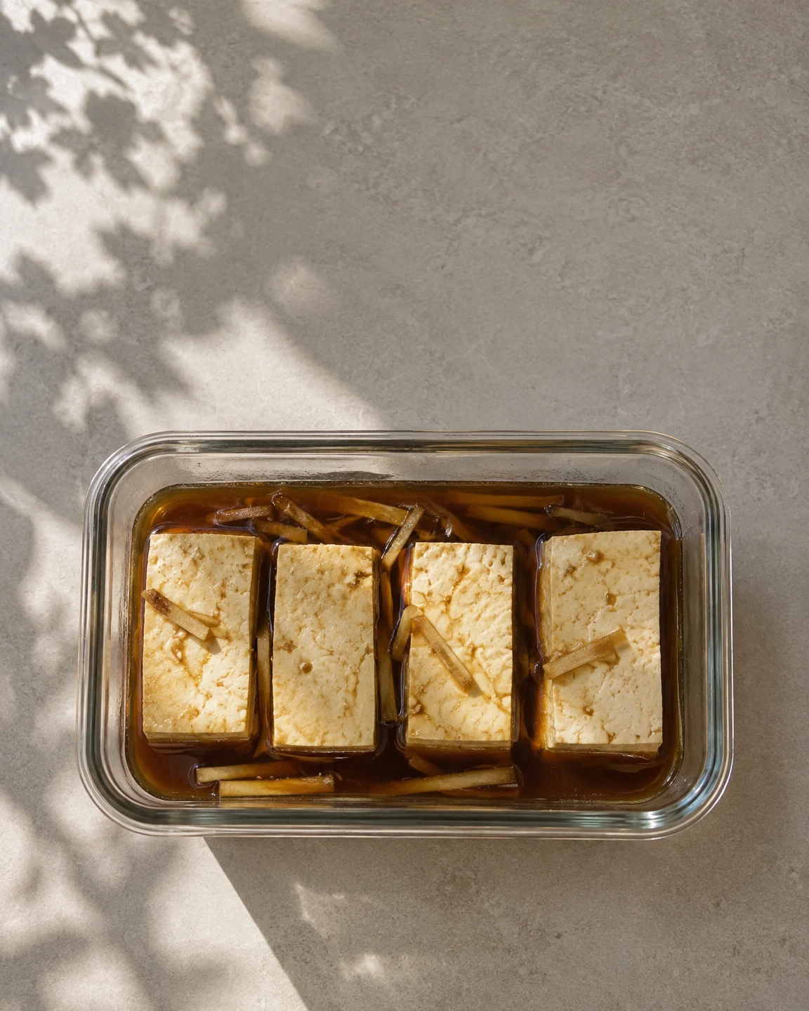 Overhead view of four ivory tofu slabs and ginger strips in amber-brown marinade inside a rectangular glass container on a warm-grey counter, with soft leaf…