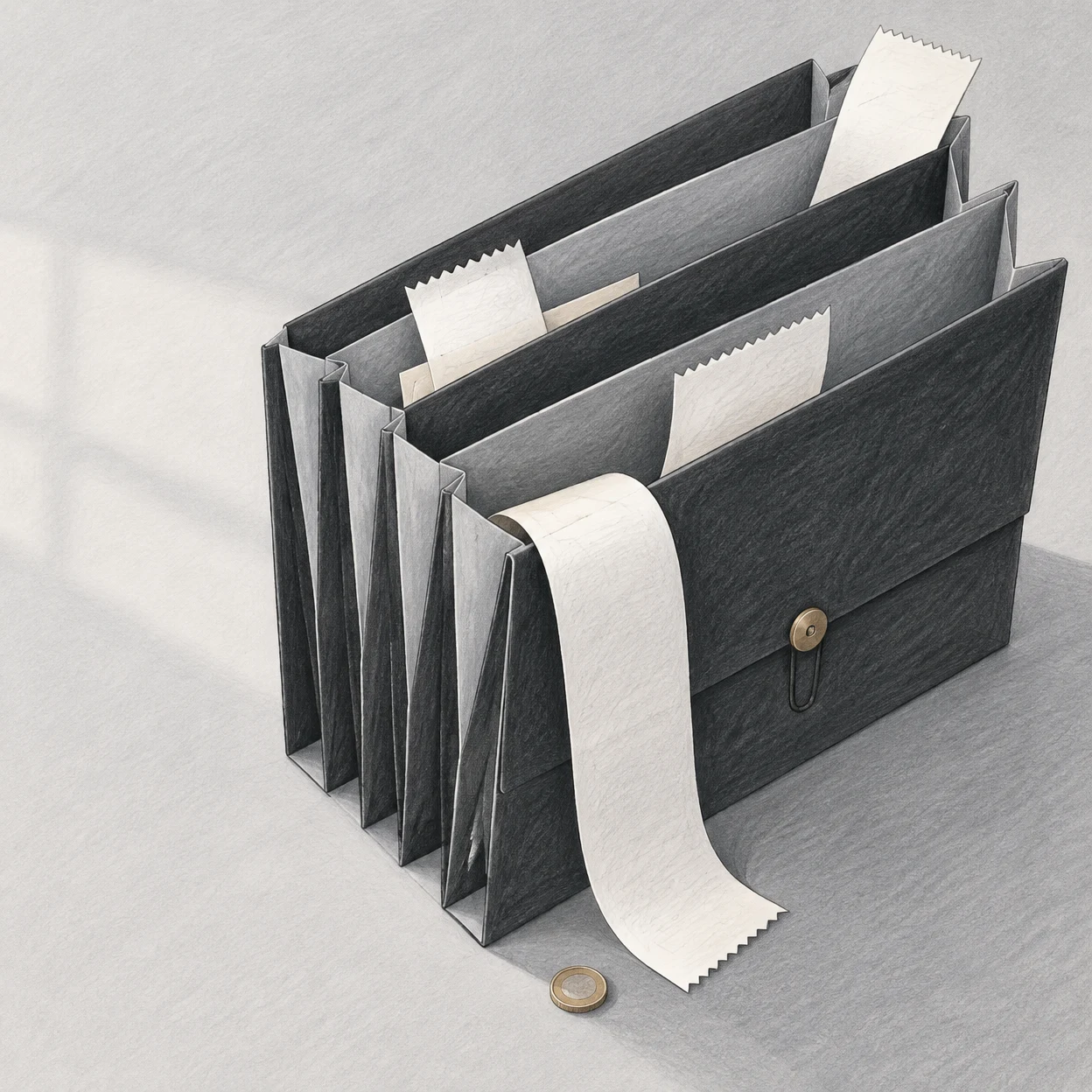A dark gray accordion expense file sits diagonally on a pale gray tabletop, with several blank serrated receipts protruding from its fanned pockets and a long…