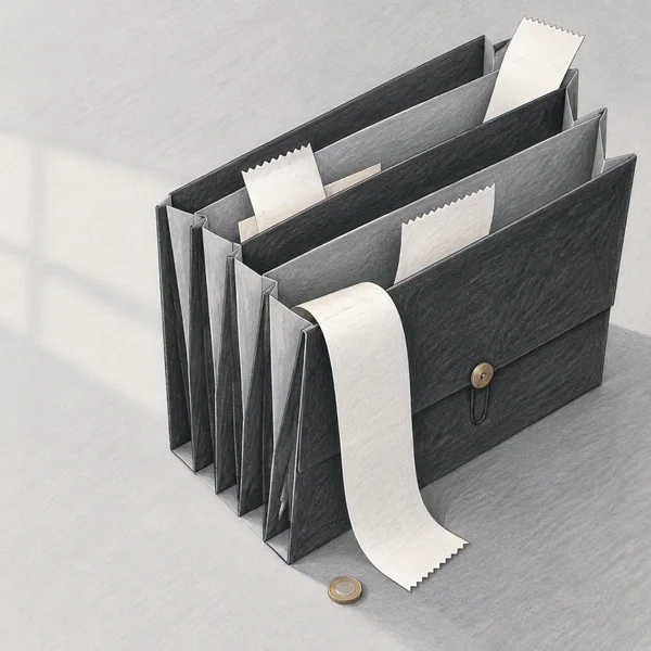 A dark gray accordion expense file sits diagonally on a pale gray tabletop, with several blank serrated receipts protruding from its fanned pockets and a long…