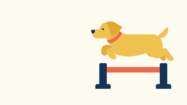 A mustard-yellow dog in left-facing profile leaps over a coral bar held by two navy supports, with the dog and hurdle on the right side of an ivory background.