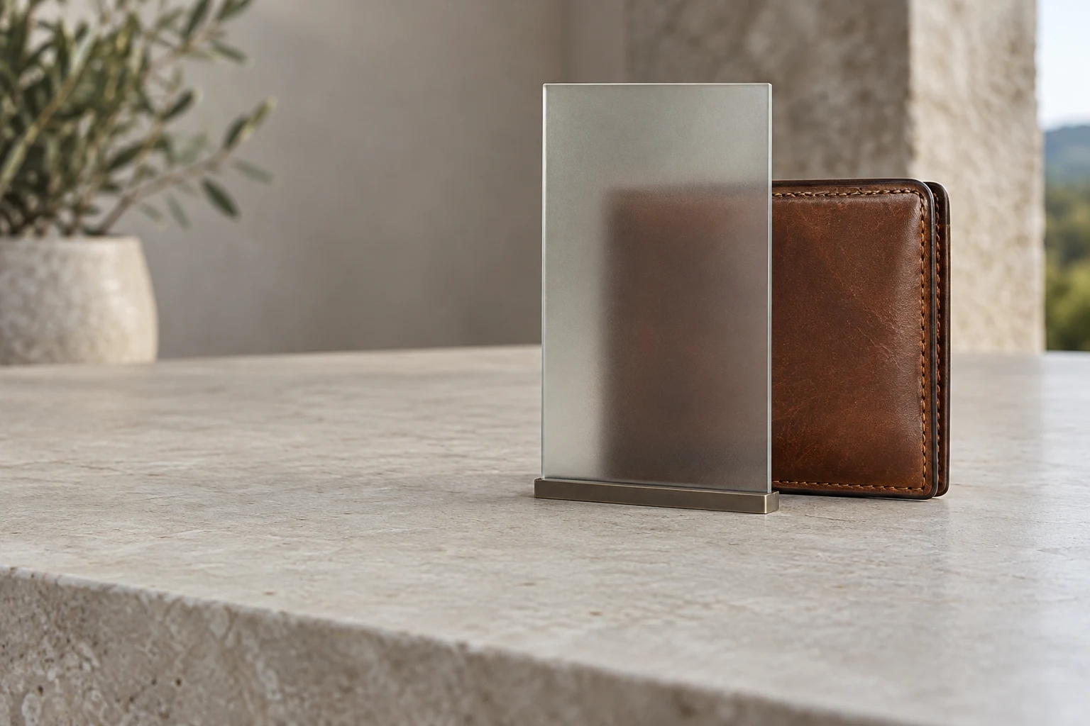 A worn chestnut-brown leather bifold wallet stands upright behind a frosted-glass panel in a narrow base on a pale stone tabletop.
