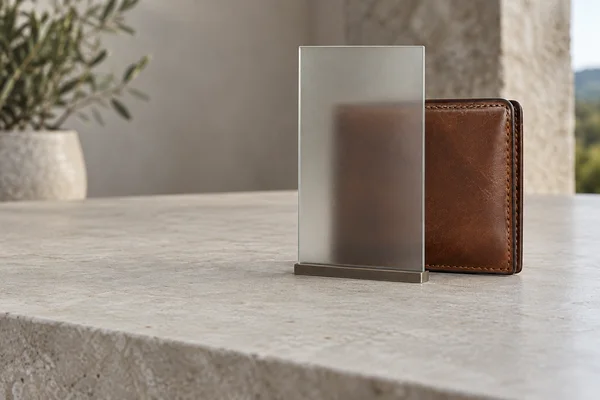 A worn chestnut-brown leather bifold wallet stands upright behind a frosted-glass panel in a narrow base on a pale stone tabletop.