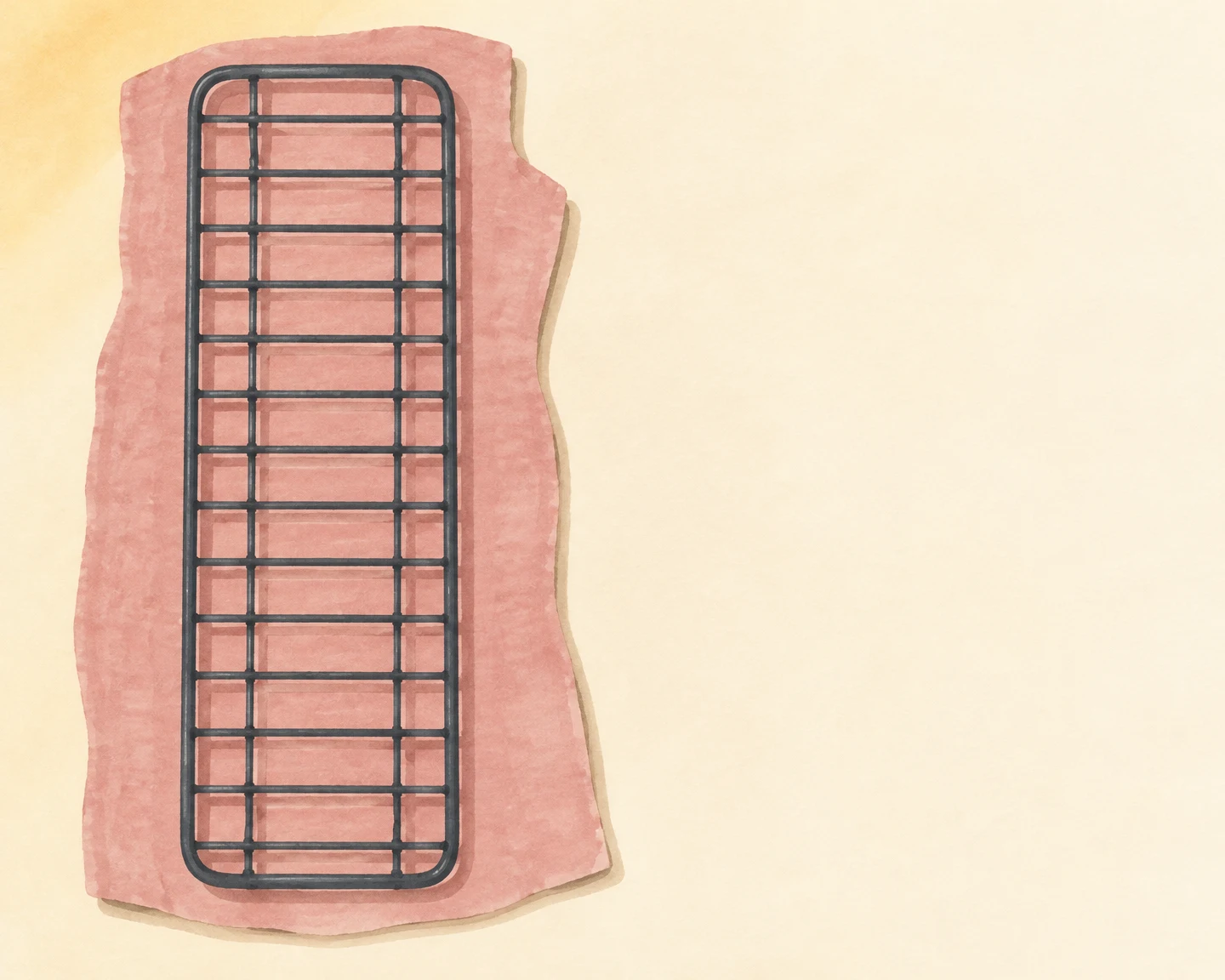 A long, narrow dark-grey baking cooling rack sits vertically on an irregular rose-pink fabric patch against a warm ivory background, with open space to the…