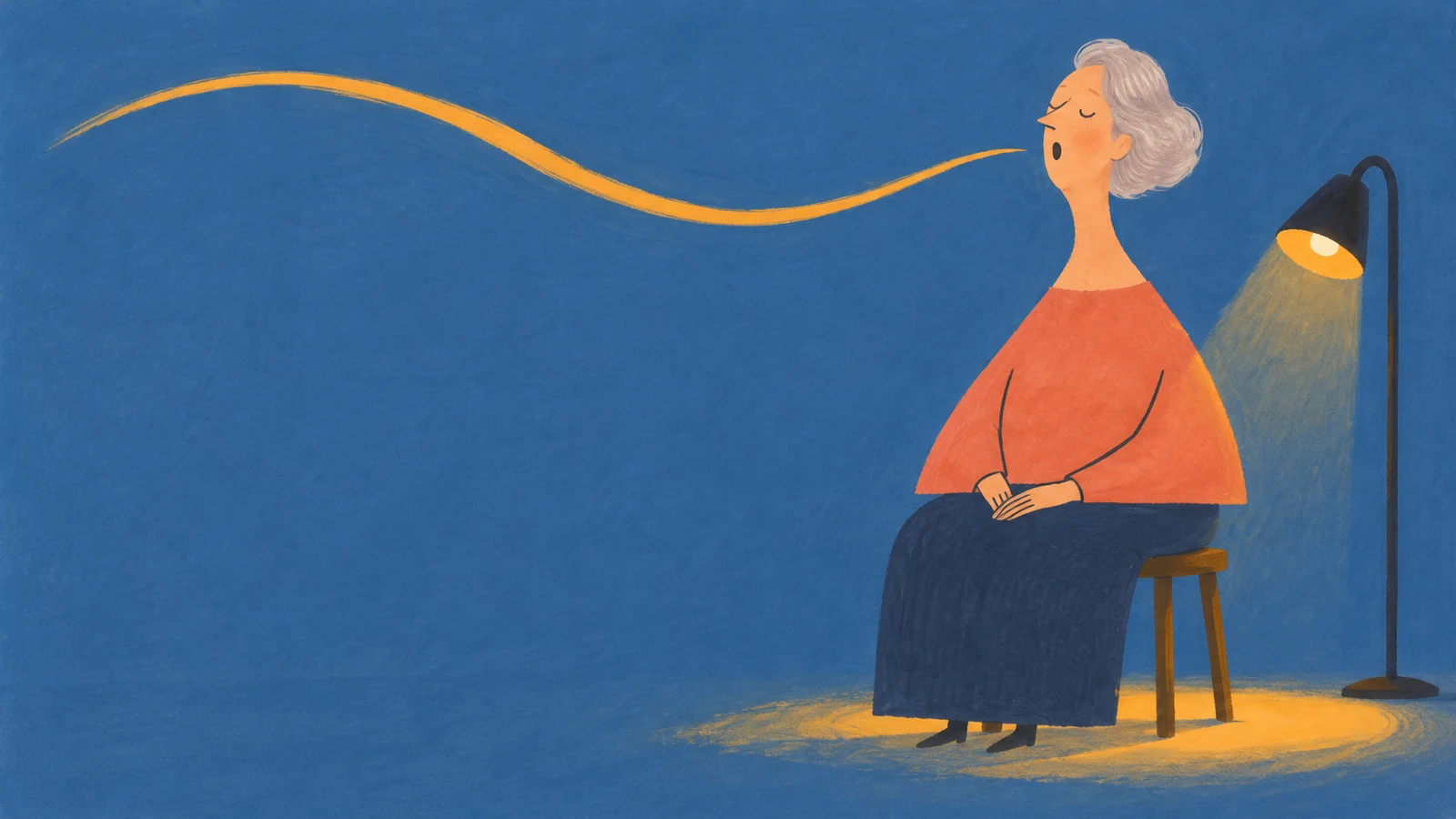 A silver-haired woman sits on a low wooden stool in a long dark skirt, eyes closed and mouth open as an amber line sweeps across the blue background; a floor…