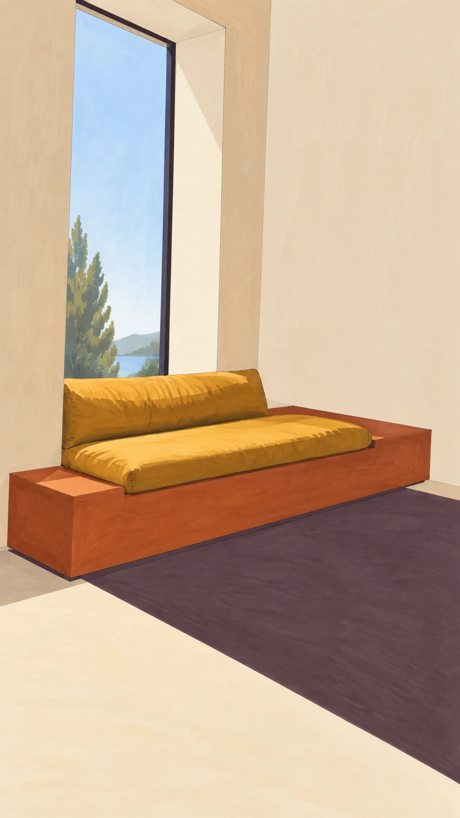 A rust-orange built-in window seat with ochre cushions sits beneath a tall narrow window, casting a broad dark-plum shadow across a cream floor; trees and…