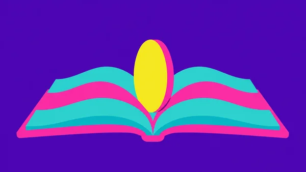 A stylized open book with undulating turquoise pages and broad hot-pink bands sits against a violet background.