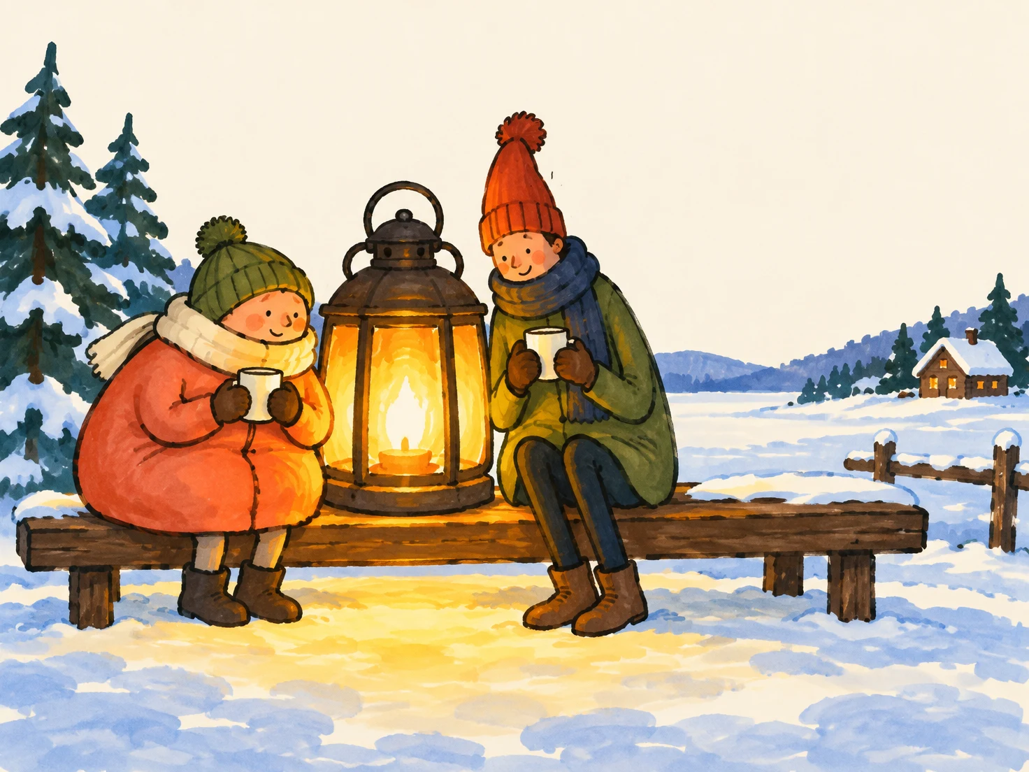 Two bundled friends sit on a long wooden bench in a snowy landscape, holding mugs beside a large glowing lantern.