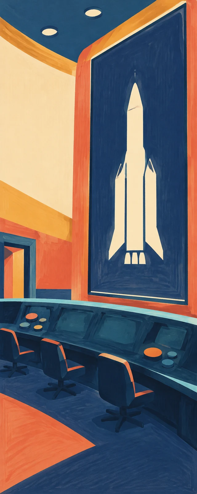 A stylized mission-control room with a long curved console, three swivel chairs, and a large dark-blue wall screen displaying an ivory rocket silhouette.
