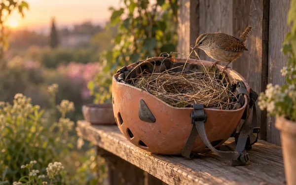 A small brown wren holds a slender stem in its beak while perched on the rim of a pale, scuffed terracotta climbing helmet filled with dry grasses.