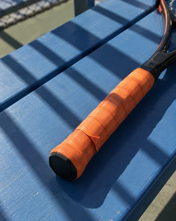 An orange-gripped tennis racket lies diagonally across a blue-painted bench in direct sunlight, with hard parallel shadows crossing the seat and handle.