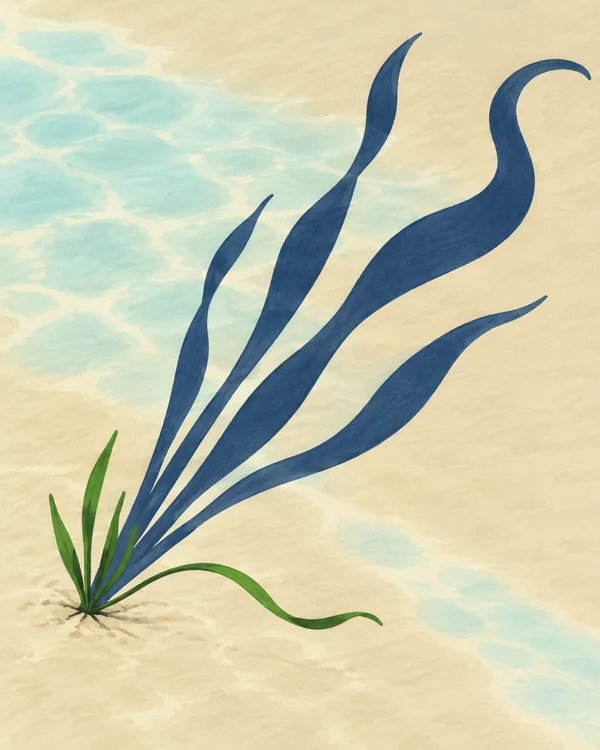 A small tuft of green seagrass grows from pale sand, with long deep-navy blade-shaped shadows stretching diagonally up and to the right.