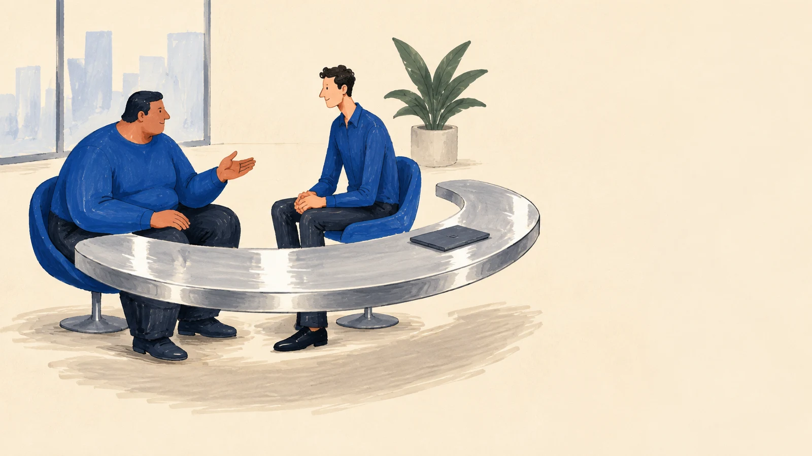 A broad colleague gestures while speaking to a lanky manager seated across a large crescent-shaped silver table with a closed laptop; a potted plant and tall…