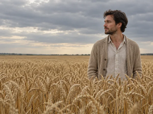 A bearded man in a textured oatmeal cardigan and light linen shirt stands waist-deep in a golden wheat field, looking left beneath layered grey clouds.