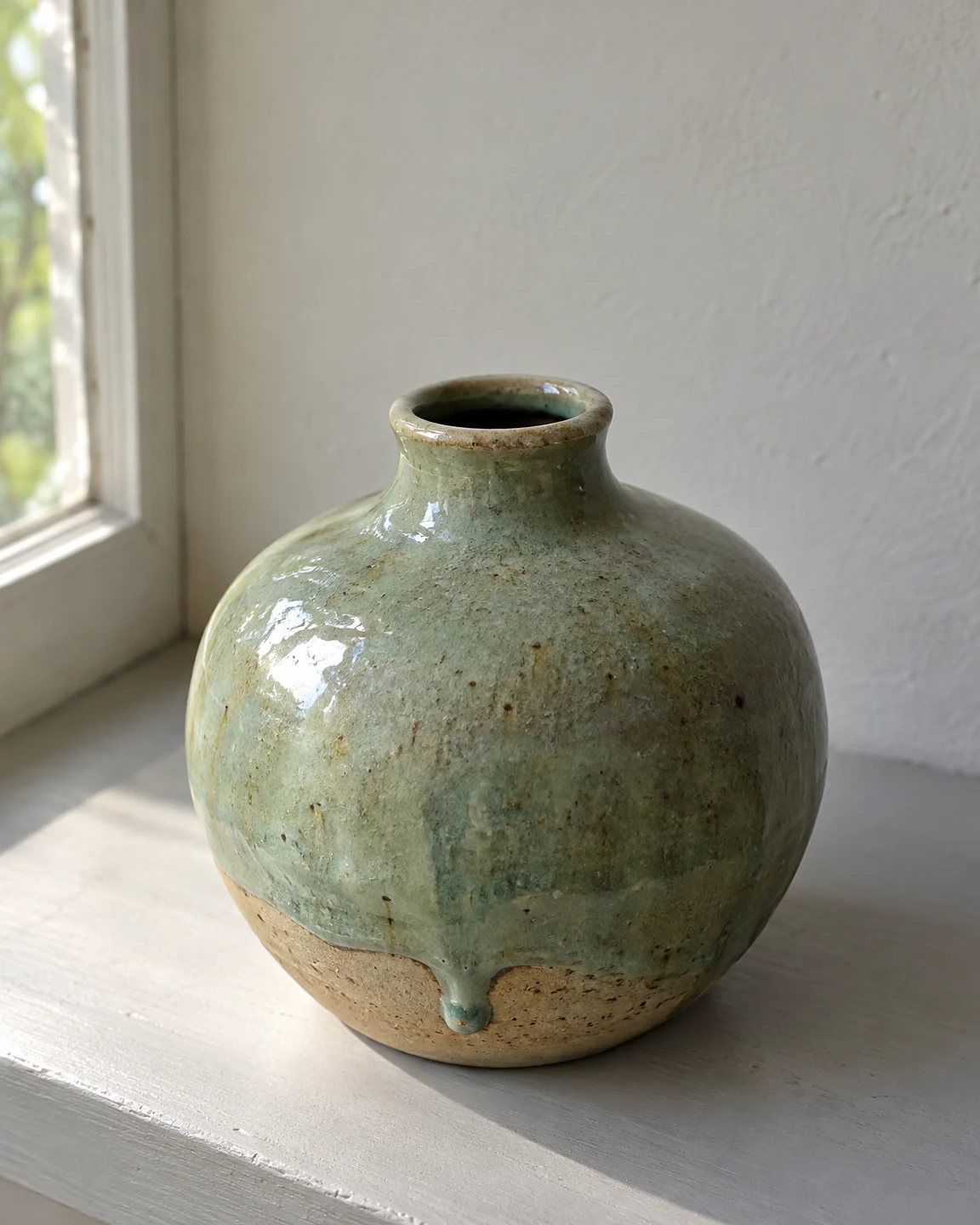 A rounded celadon-glazed ceramic vessel with a short neck and dark opening sits on a pale shelf beside a window.