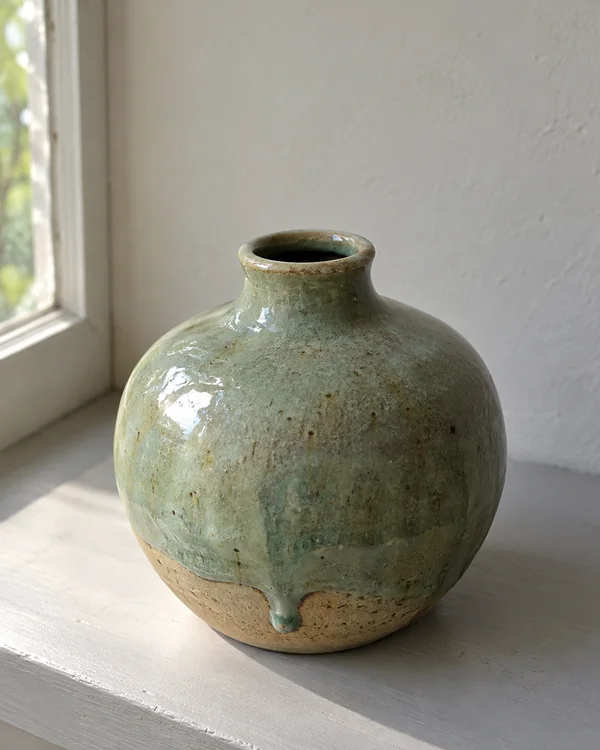 A rounded celadon-glazed ceramic vessel with a short neck and dark opening sits on a pale shelf beside a window.