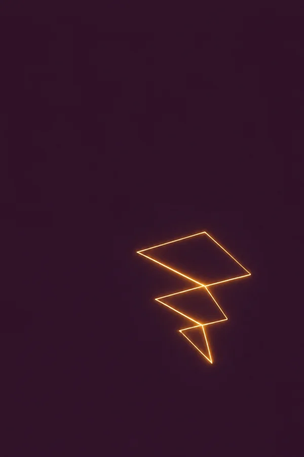 A compact amber-gold angular line structure with several narrowing turns glows against a deep aubergine portrait background, leaving broad empty space above.