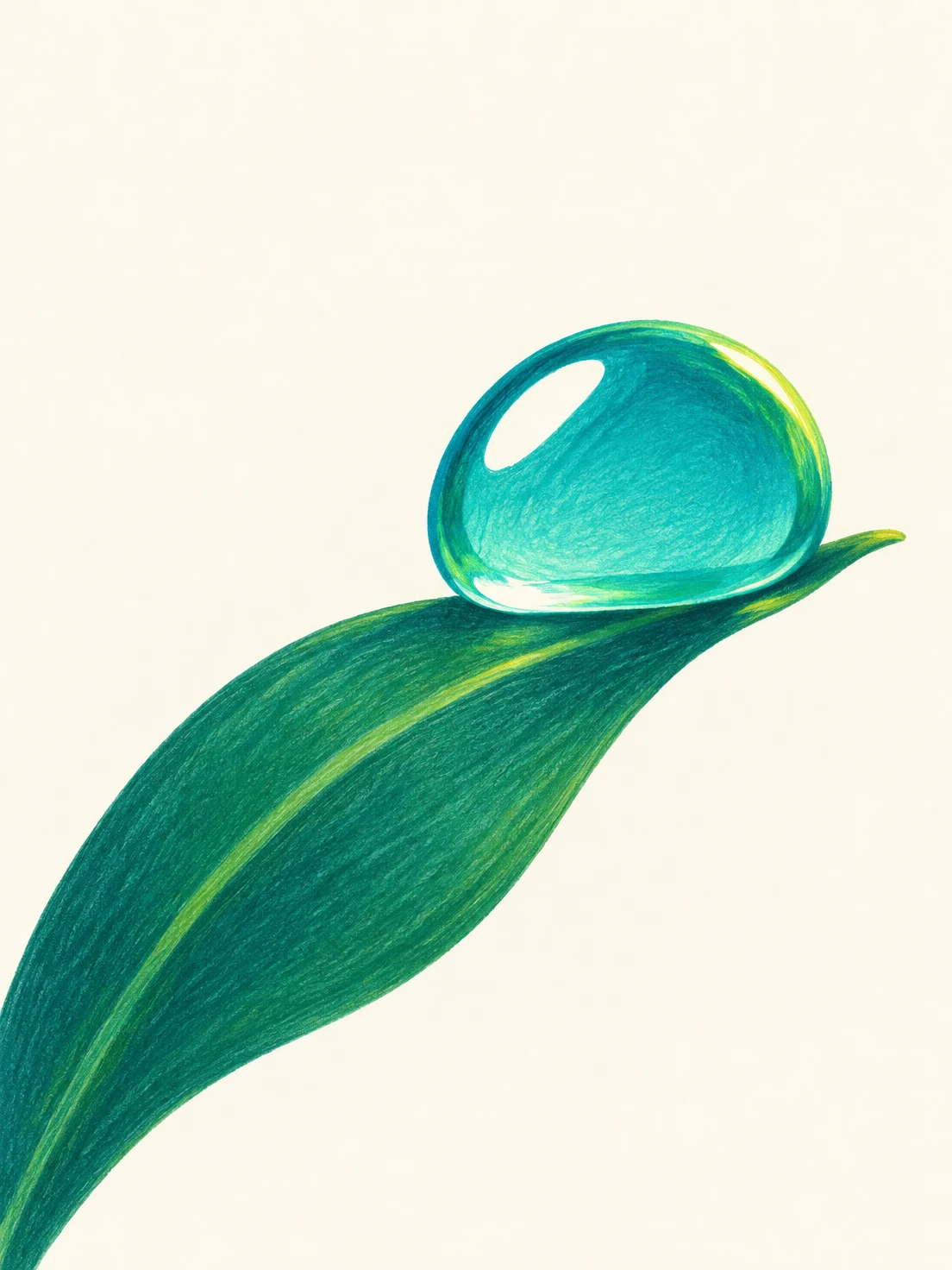 A large dark-teal leaf sweeps up from the lower-left across a warm ivory background, supporting a rounded turquoise bead with a bright reflection and…