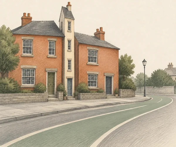 A tall, narrow cream house stands between two broad terracotta homes on a residential street corner, with trees, a streetlamp, stone walls and a curved…