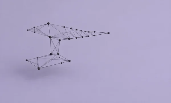 A sparse three-dimensional network of dark nodes and slender connecting lines forms an angular, stepped structure left of centre against a muted lavender…