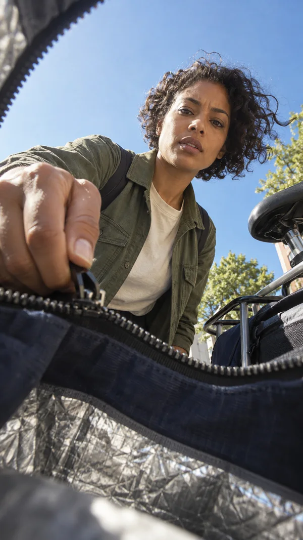 A woman in a green overshirt leans over an open navy bicycle pannier, gripping its zipper pull close to the camera.