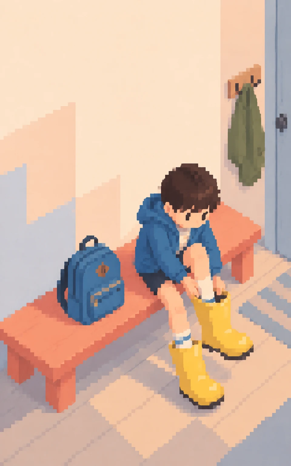 A dark-haired child sits on a coral bench in an entryway, pulling on a yellow rain boot while wearing its match.