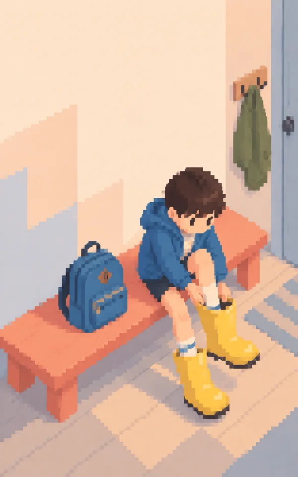 A dark-haired child sits on a coral bench in an entryway, pulling on a yellow rain boot while wearing its match.