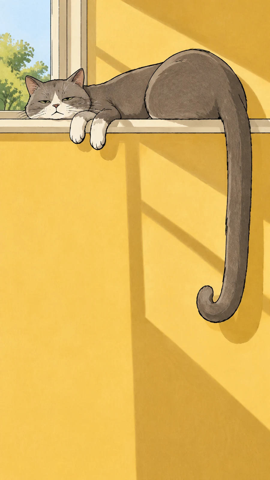 A sleepy grey cat lounges across an ivory windowsill, with two pale front paws dangling over the edge and a long tail curling inward near the bottom.