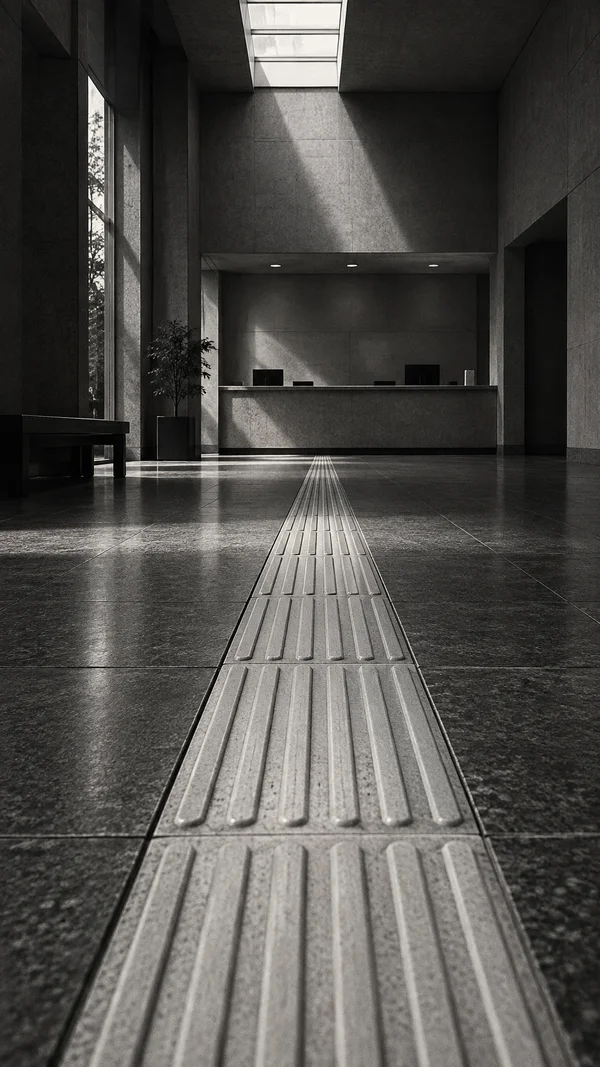 A monochrome municipal service hall with a light tactile guidance strip crossing the dark stone floor toward a simple counter.