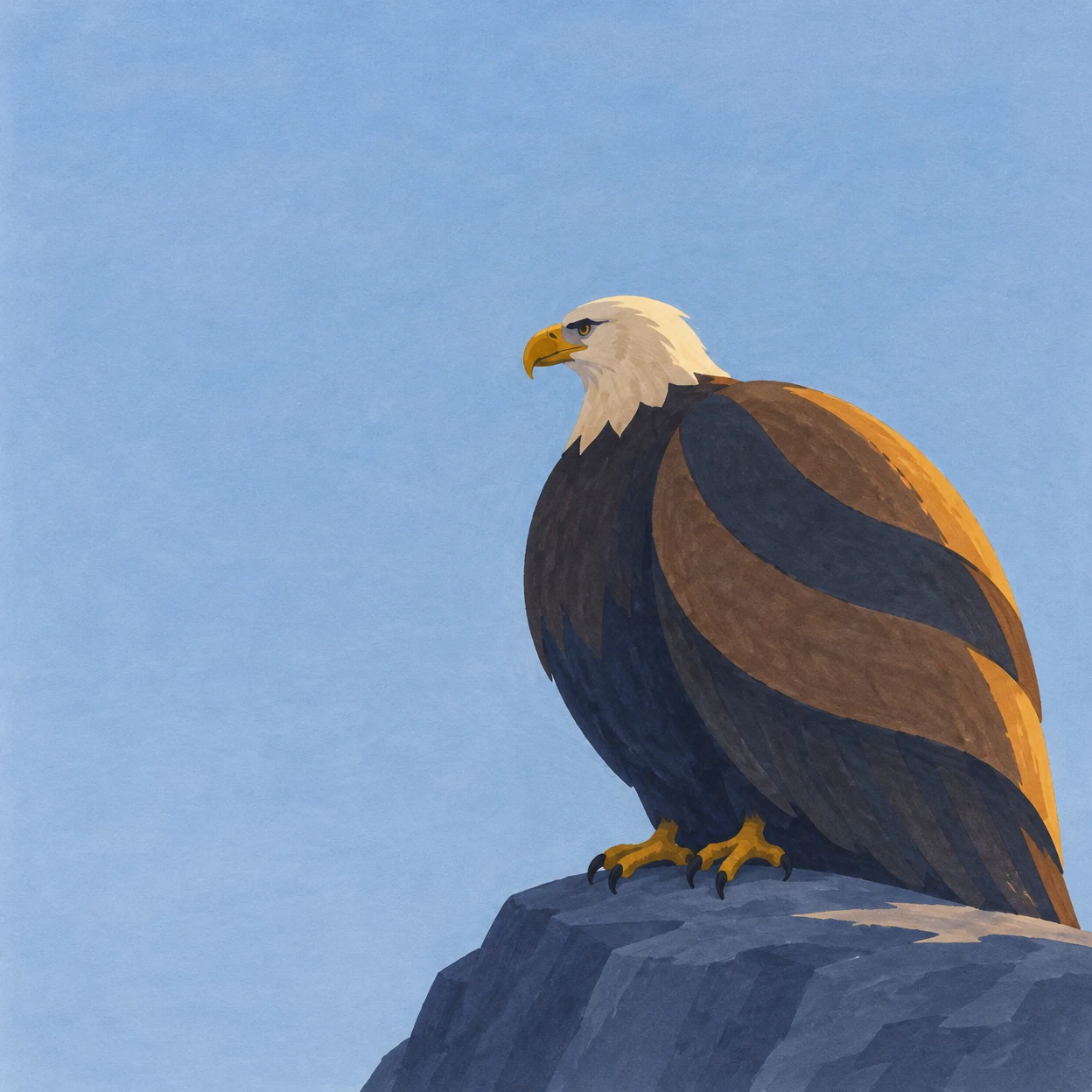 A large eagle with a cream head and golden hooked beak faces left while gripping a slate-blue rock ledge.