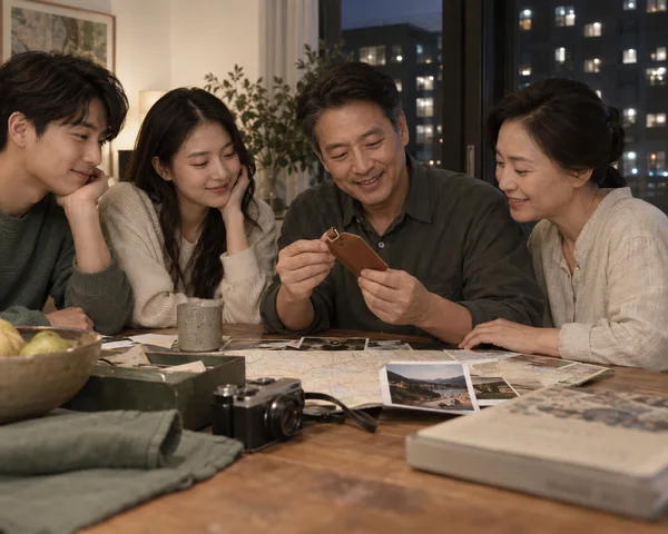 Four people sit closely around a wooden table in a warmly lit apartment at night.