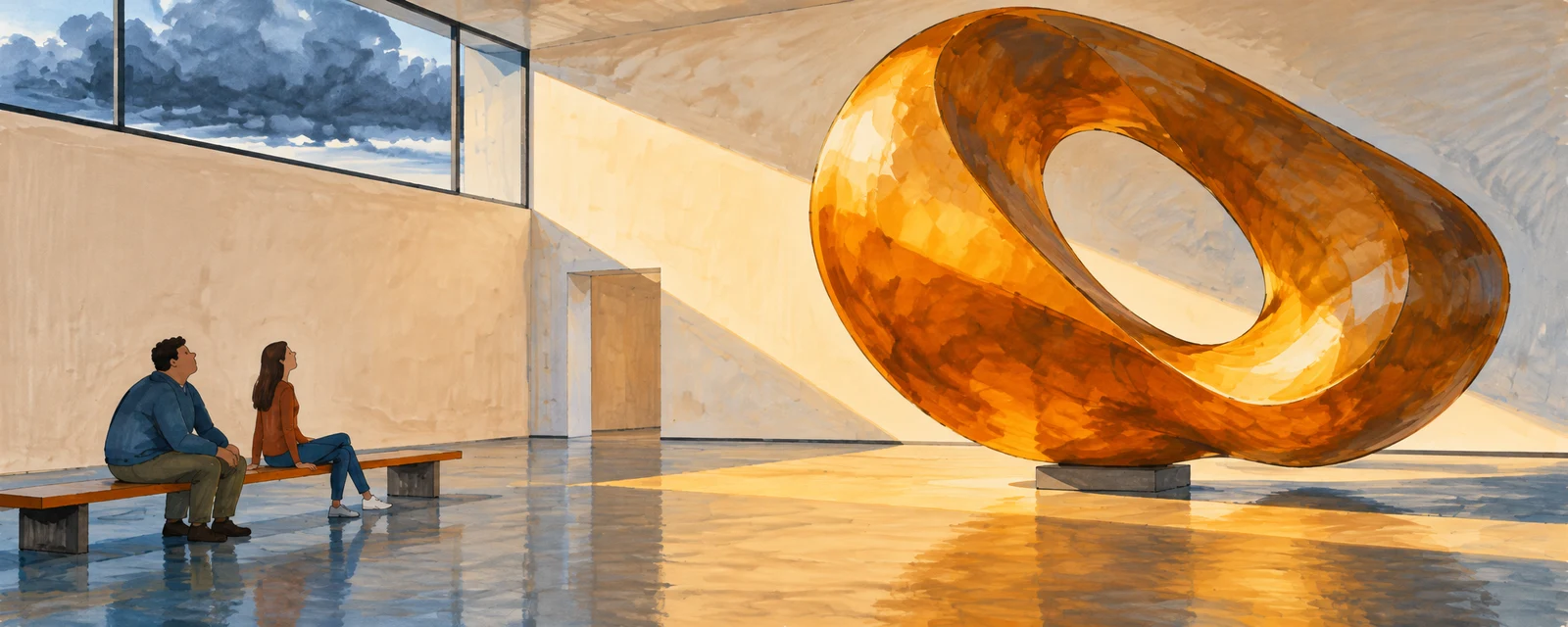 Two seated visitors look toward a large amber loop sculpture in a sunlit museum gallery.