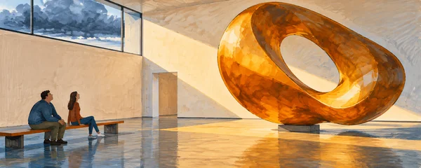 Two seated visitors look toward a large amber loop sculpture in a sunlit museum gallery.