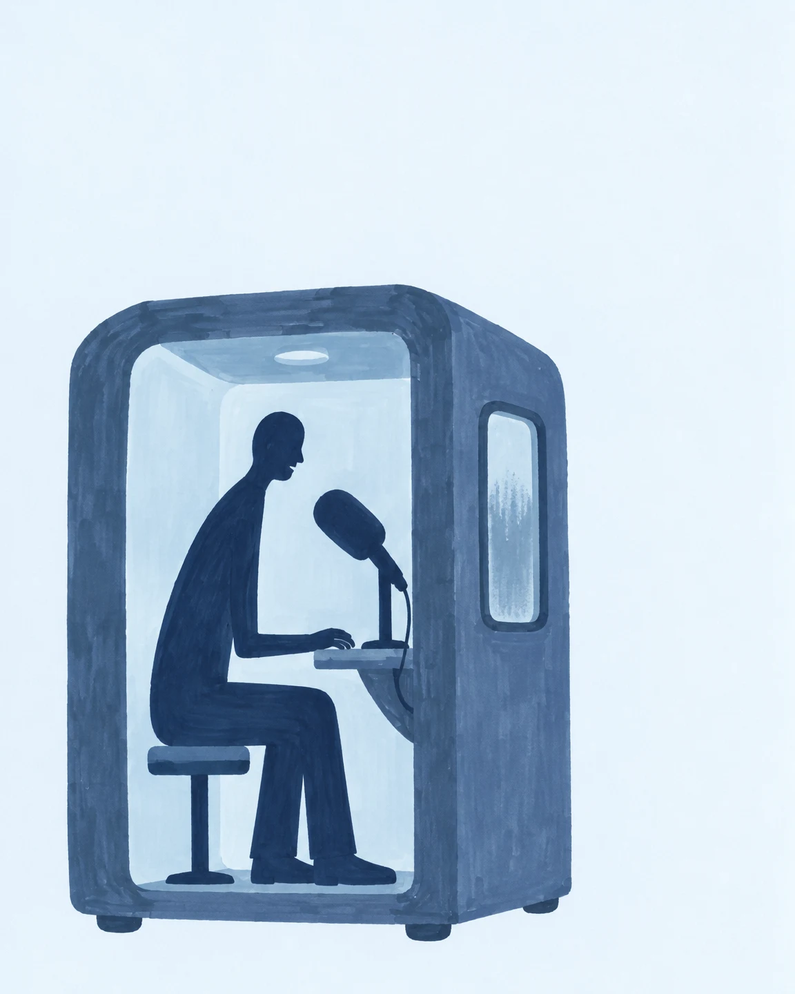 A dark blue profile silhouette of a seated adult faces a large tabletop microphone inside a rounded slate-blue recording booth.