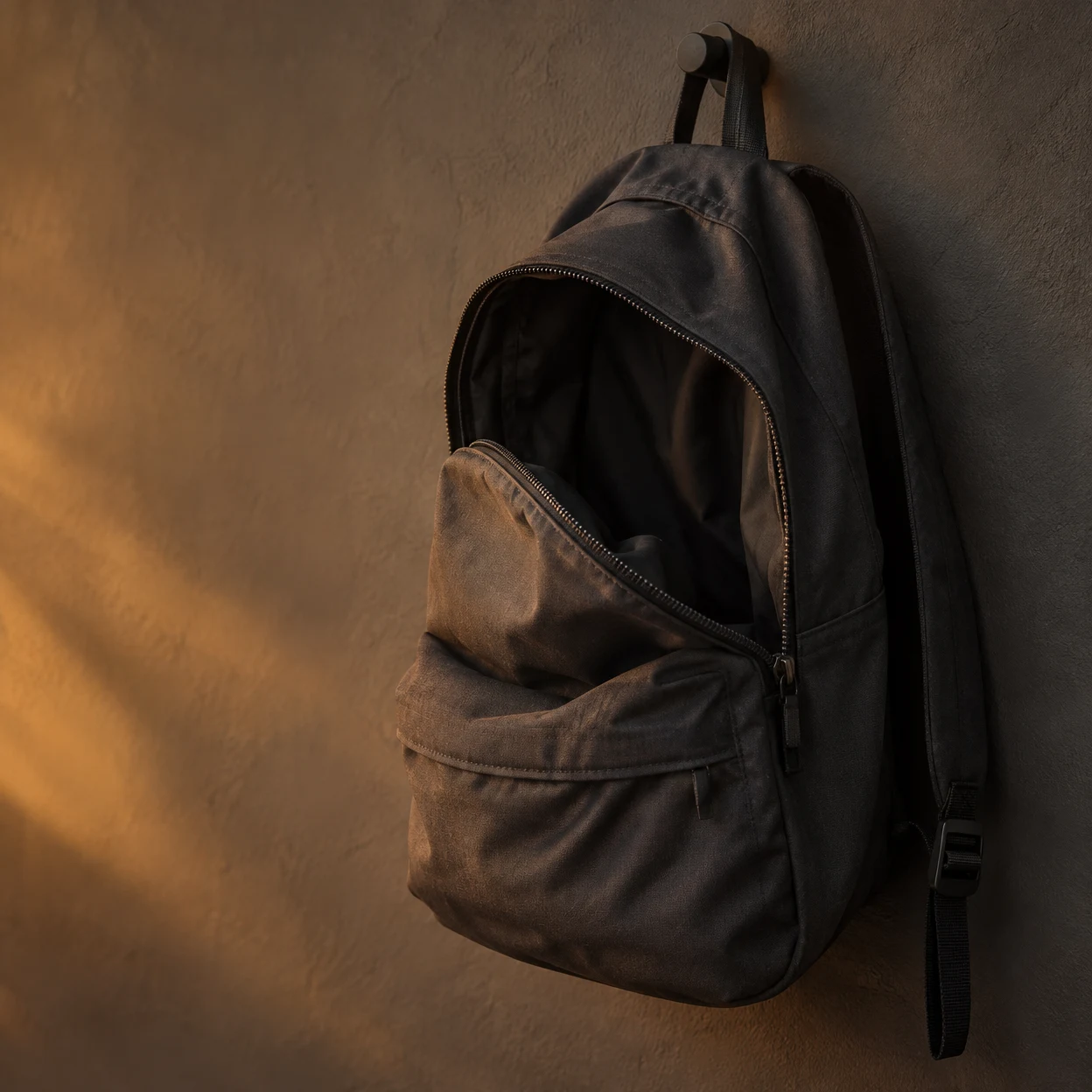 A charcoal nylon daypack hangs from a dark wall peg against a textured wall, its main compartment open and visibly empty.