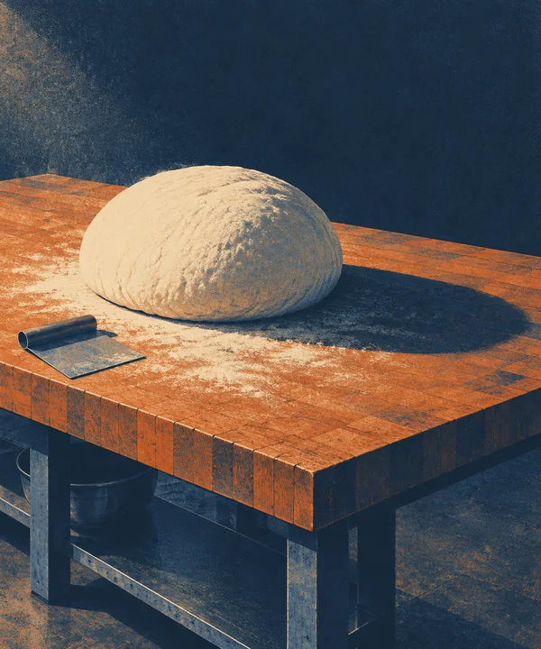 A large pale round of dough and a metal bench scraper sit on a thick orange wooden workbench with steel legs, lit against a deep blue background in a grainy…