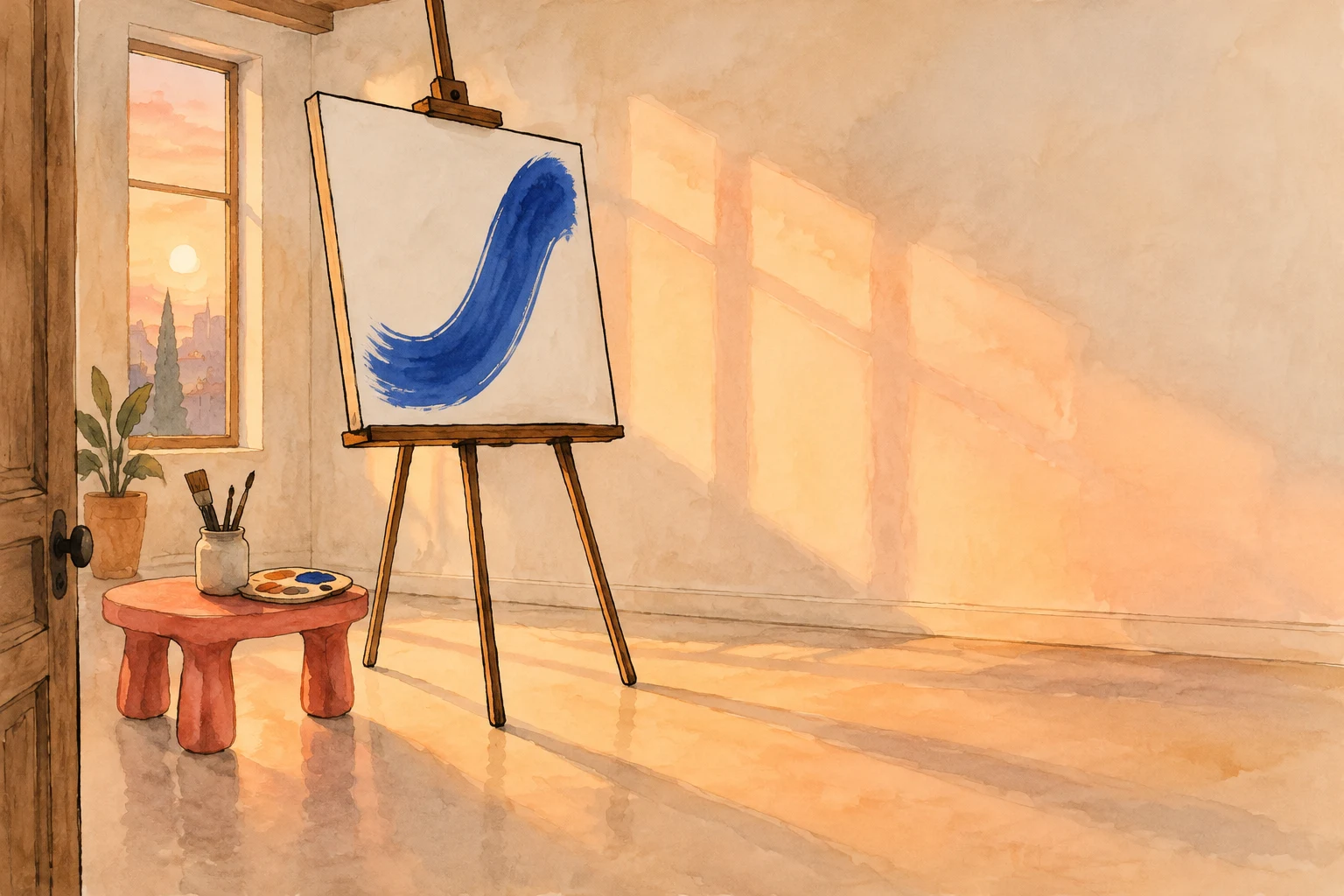 A watercolour artist’s studio at sunset, viewed past an open wooden door.