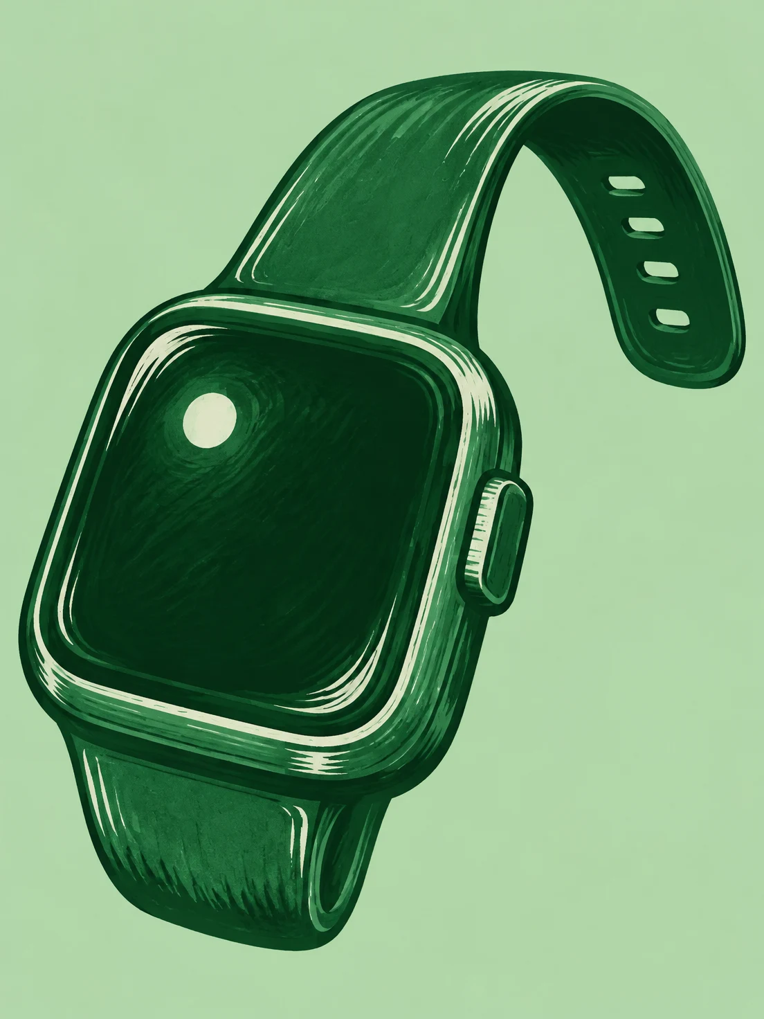 A large emerald smartwatch is shown at an oblique angle against a pale-green background.