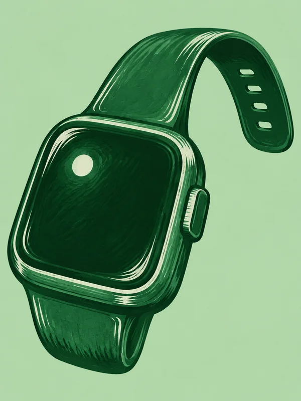 A large emerald smartwatch is shown at an oblique angle against a pale-green background.