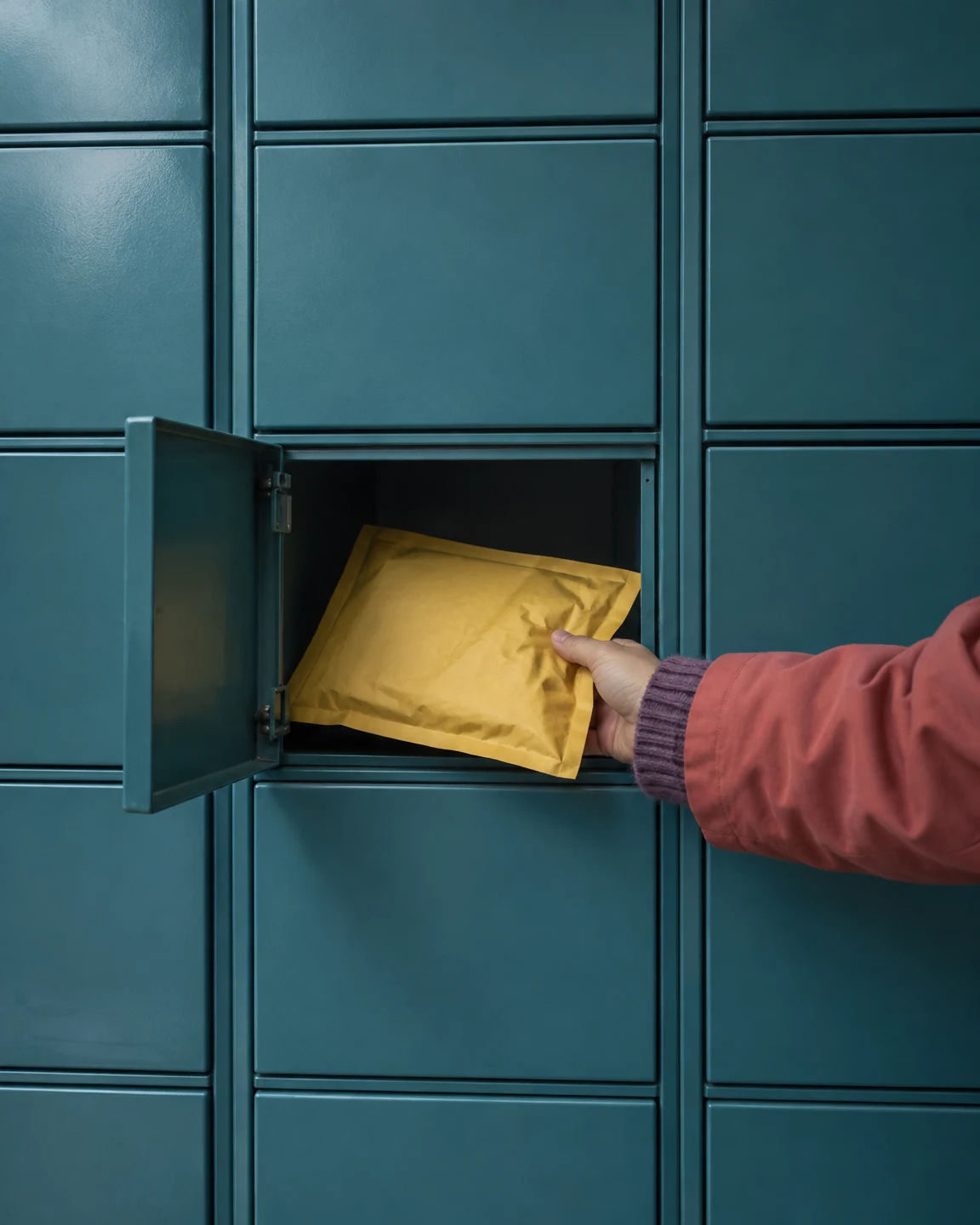 A hand in a coral jacket with a violet knitted cuff pulls a crumpled yellow padded envelope from an open compartment in a teal metal locker wall.
