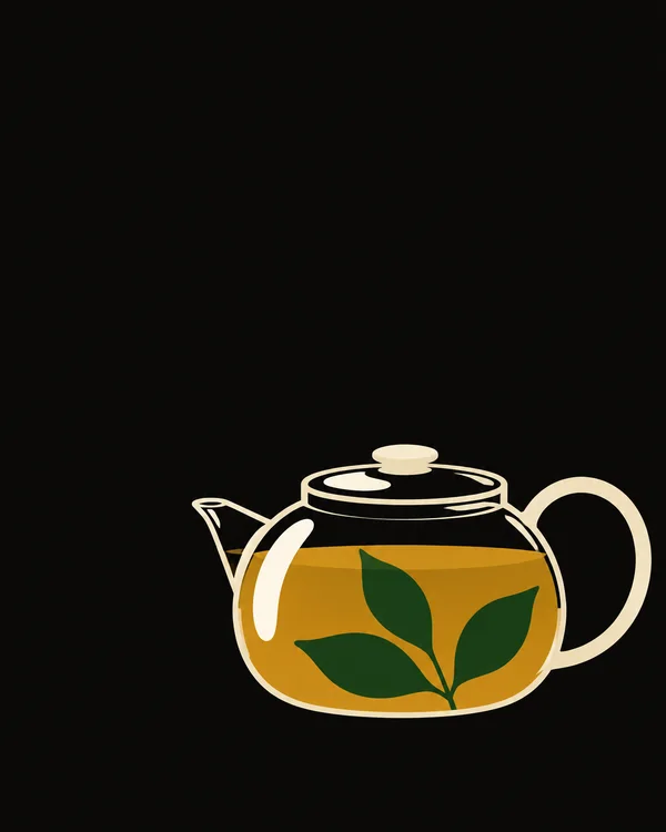A stylized glass teapot with a short left-facing spout, large loop handle, low lid and knob sits against an expansive black background.