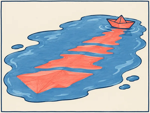 A small coral folded paper boat floats near the upper-right side of a broad blue puddle, with an oversized segmented coral reflection stretching diagonally…