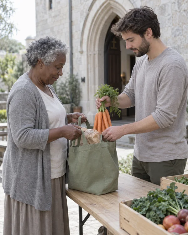 An older woman and a younger man stand across a pale wooden table in a stone courtyard, placing a bunch of carrots into a sage-green tote that already holds a…