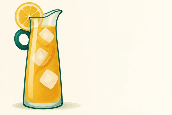 A tall, narrow glass pitcher of amber lemonade with three pale ice shapes stands on a warm ivory background.