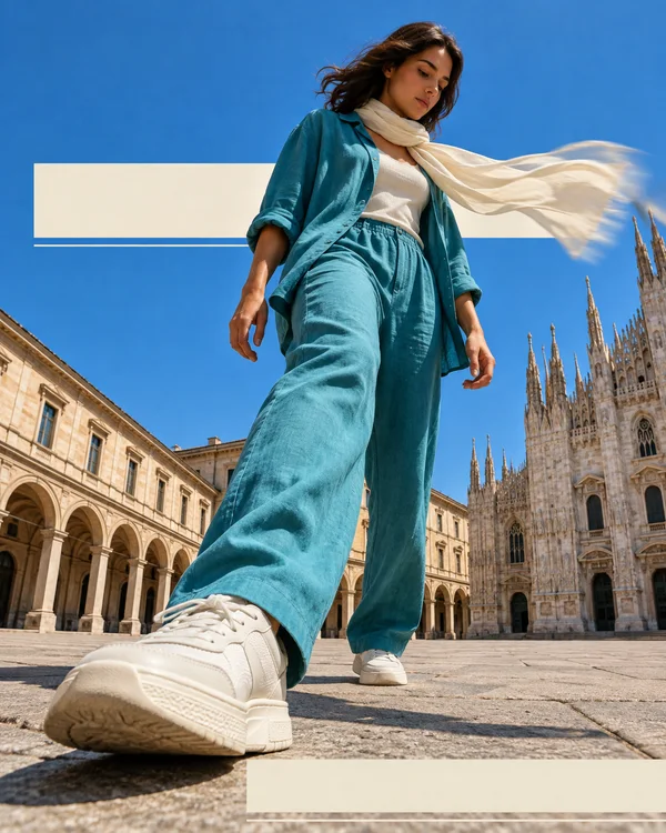 A woman in turquoise clothing and a cream scarf walks across a sunlit stone courtyard, seen from near ground level.