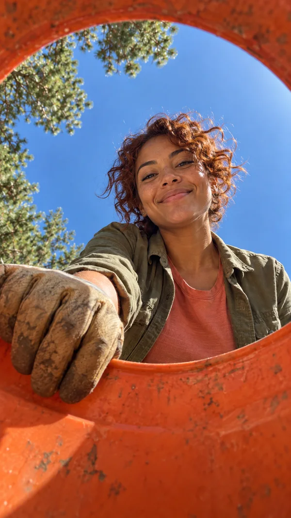 A smiling person in an olive overshirt and coral T-shirt looks down into a scuffed orange plastic bucket, with a large tan work glove gripping the rim; blue…