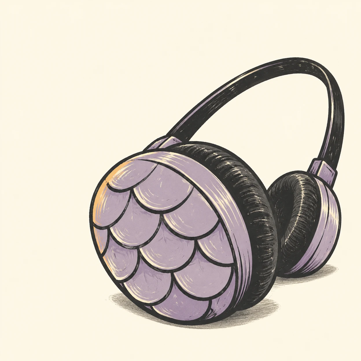 A pair of lilac over-ear headphones rests diagonally on a cream surface, with overlapping scale shapes on the large foreground earcup, a dark arched headband…